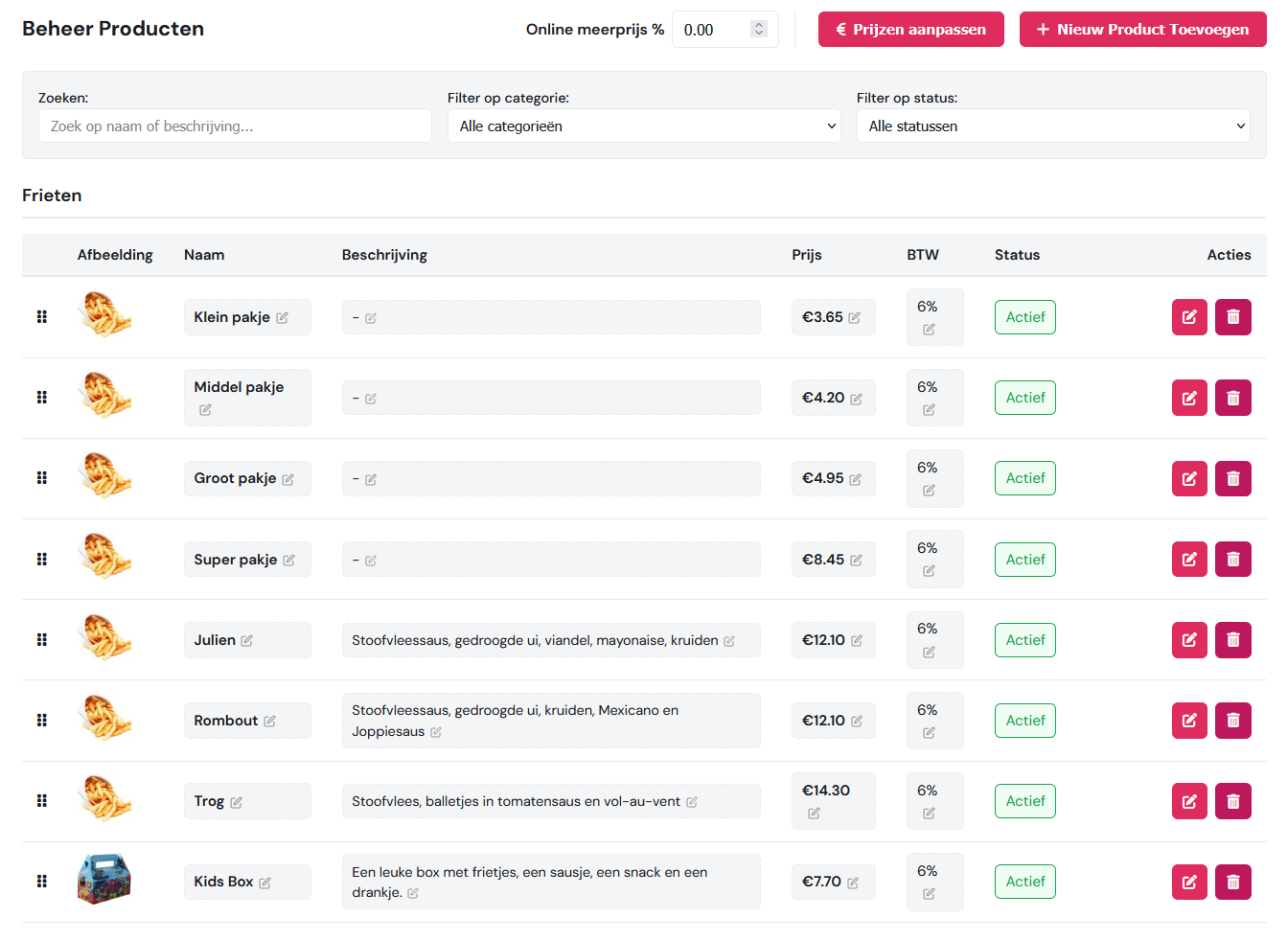 Producten — categorieën, prijzen en filters